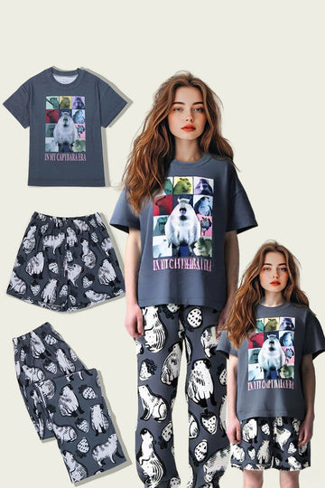 Pijamas familiares de manga corta con estampado animal gris oscuro